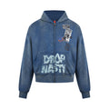 Oversized acid-washed indigo blue zip-up hoodie with Drop Nasty graffiti print on front and collage graphic on back