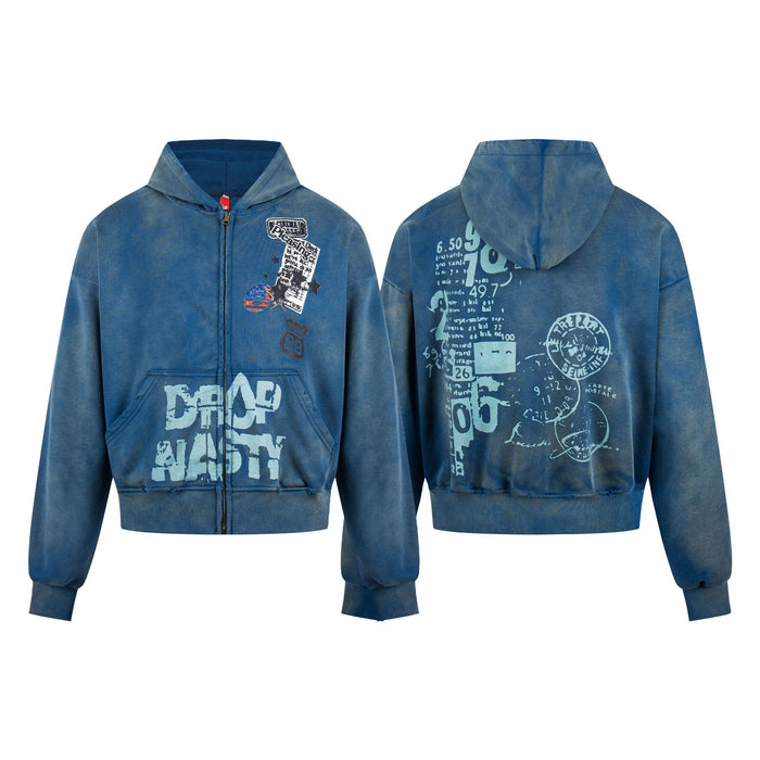 Washed blue zip-up hoodie shown from the front and back with oversized light graphic prints