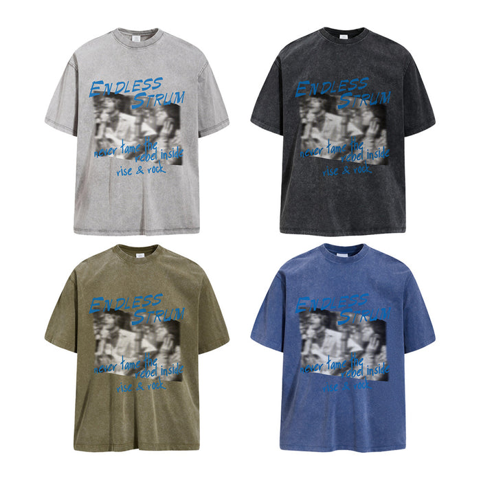 Four colorways of an acid wash oversized T-shirt with blue ENDLESS STRUM front graphic