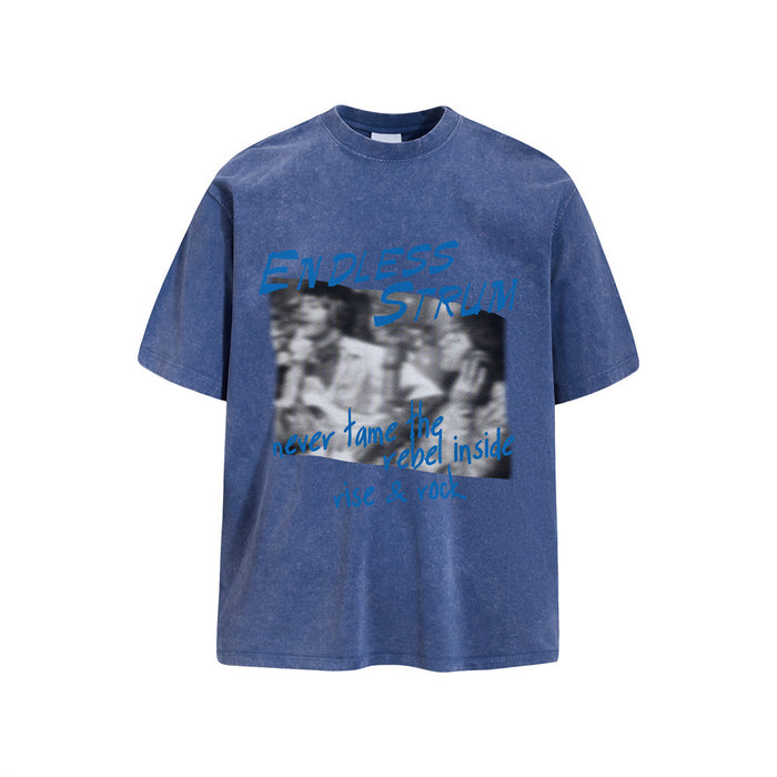Blue acid wash oversized T-shirt with blue ENDLESS STRUM graphic on the front
