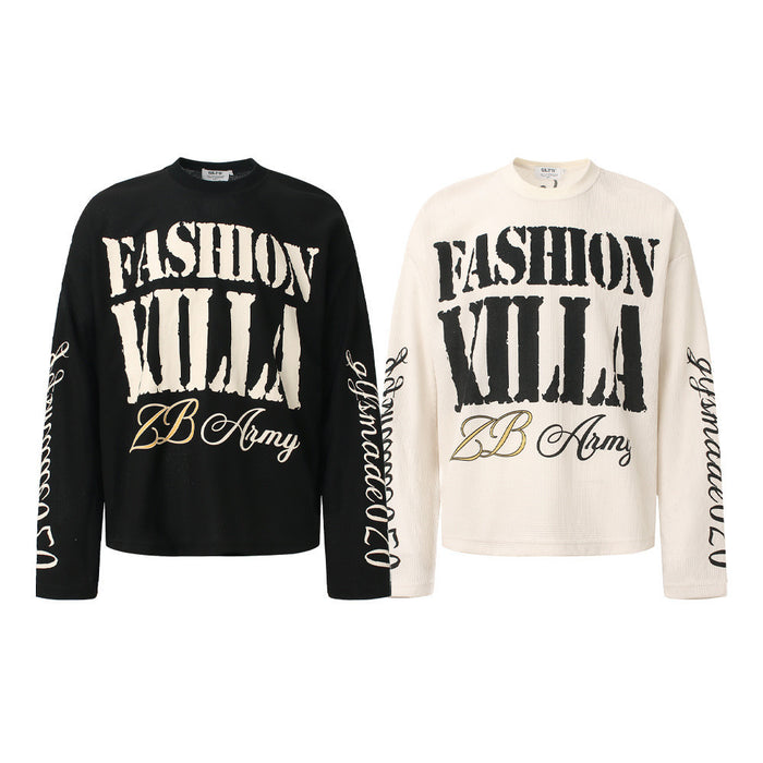 Black and cream waffle-knit long sleeve graphic tees with FASHION KILLA front lettering and sleeve script