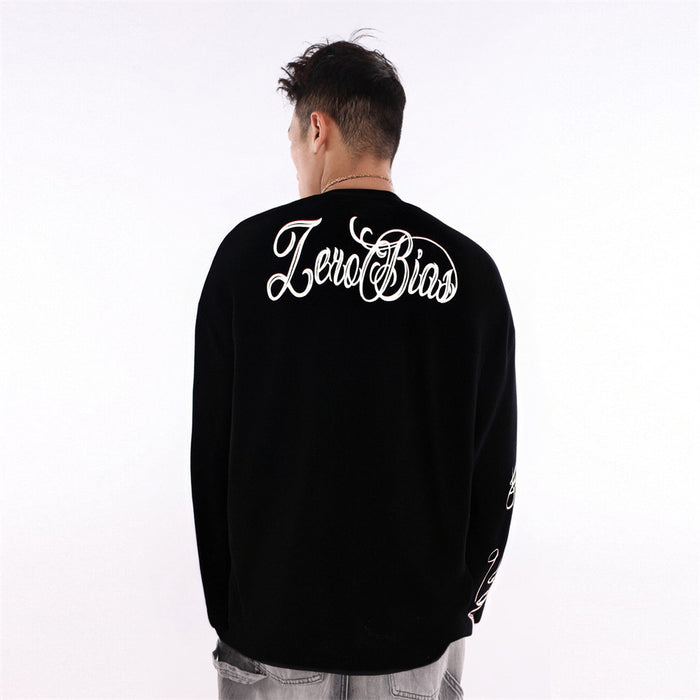 Back view of a black waffle-knit long sleeve tee with large script lettering across the shoulders