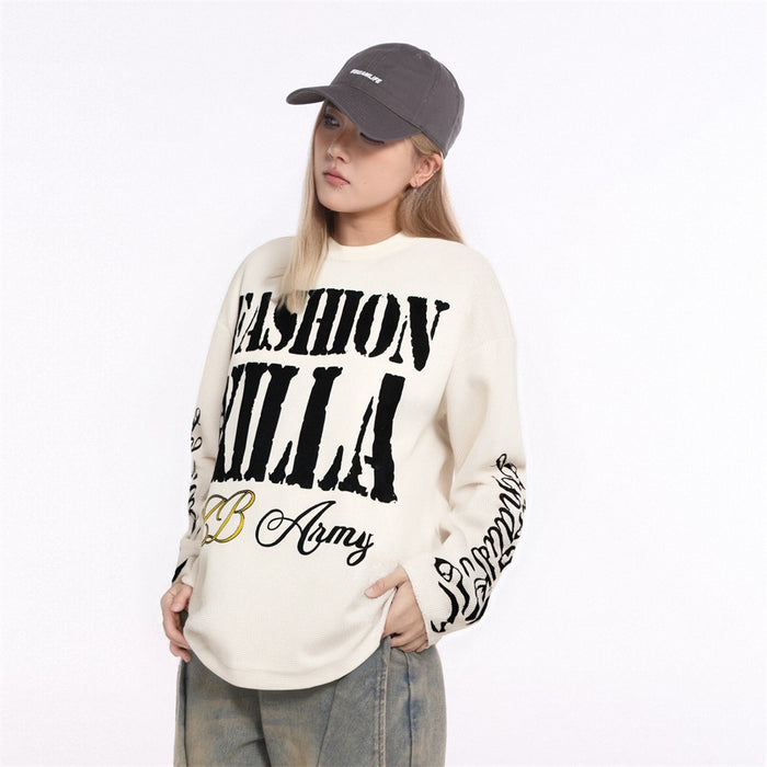 Model wearing the cream waffle-knit long sleeve tee with bold FASHION KILLA front graphic