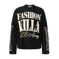 Black waffle-knit long sleeve tee displayed front-facing with FASHION KILLA and B Army graphics