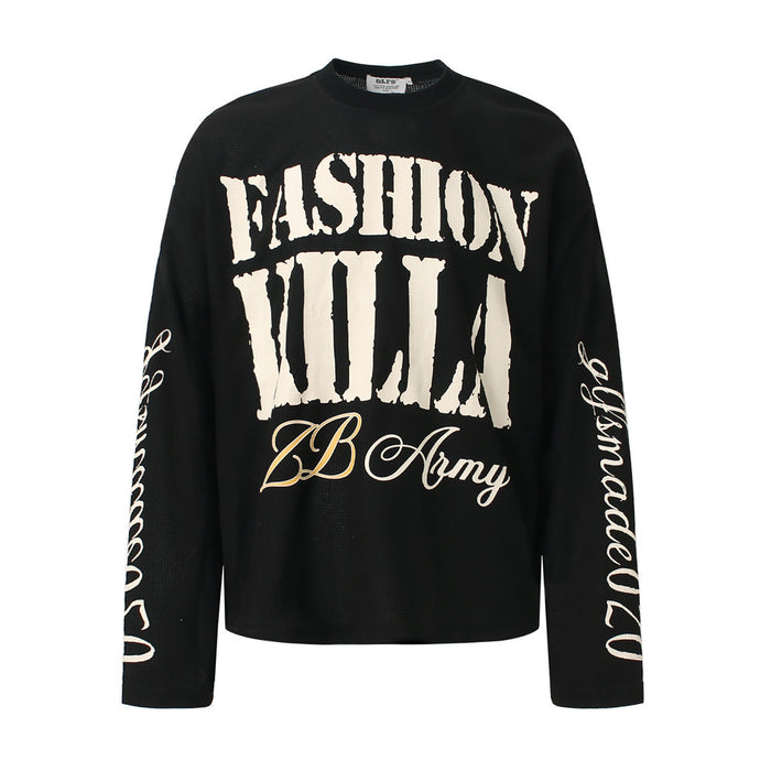 Black waffle-knit long sleeve tee displayed front-facing with FASHION KILLA and B Army graphics