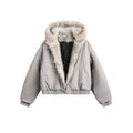 Light gray hooded bomber jacket with a plush cream faux fur trim, snap pockets, ribbed cuffs and hem, front view