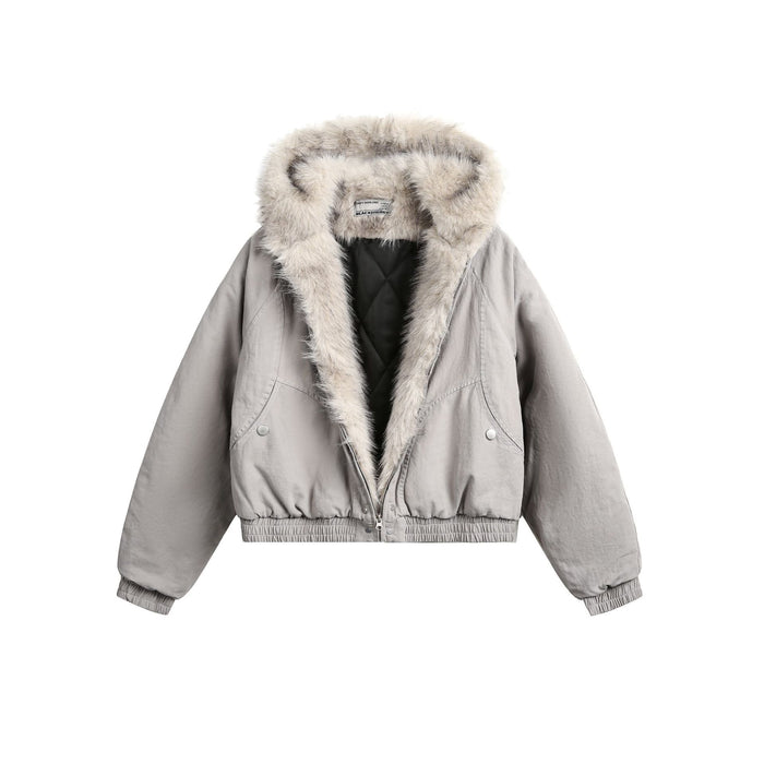 Light gray hooded bomber jacket with a plush cream faux fur trim, snap pockets, ribbed cuffs and hem, front view