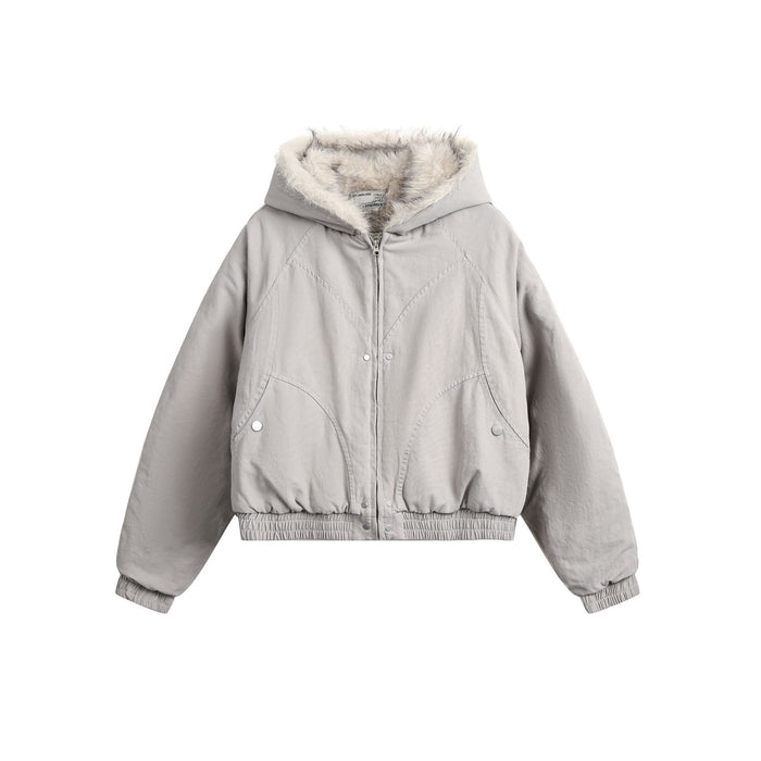 Oversized padded hooded bomber jacket with faux fur trim hood in light grey, front view