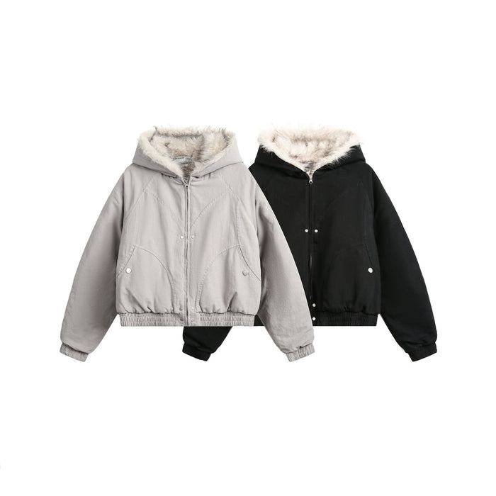 Front view of matching light gray and black hooded bomber jackets with cream faux fur-trimmed hoods