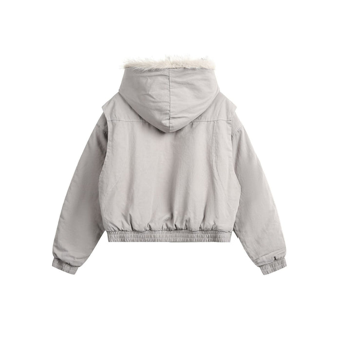 Back view of a light gray hooded bomber jacket with a cream faux fur hood trim and ribbed hem