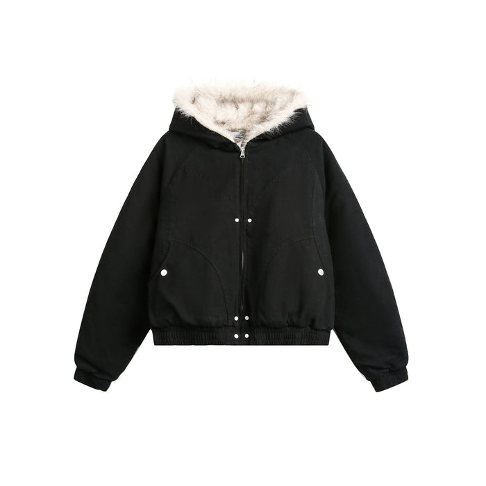 Front view of a black hooded bomber jacket with cream faux fur trim, snap closures, pockets and ribbed hem