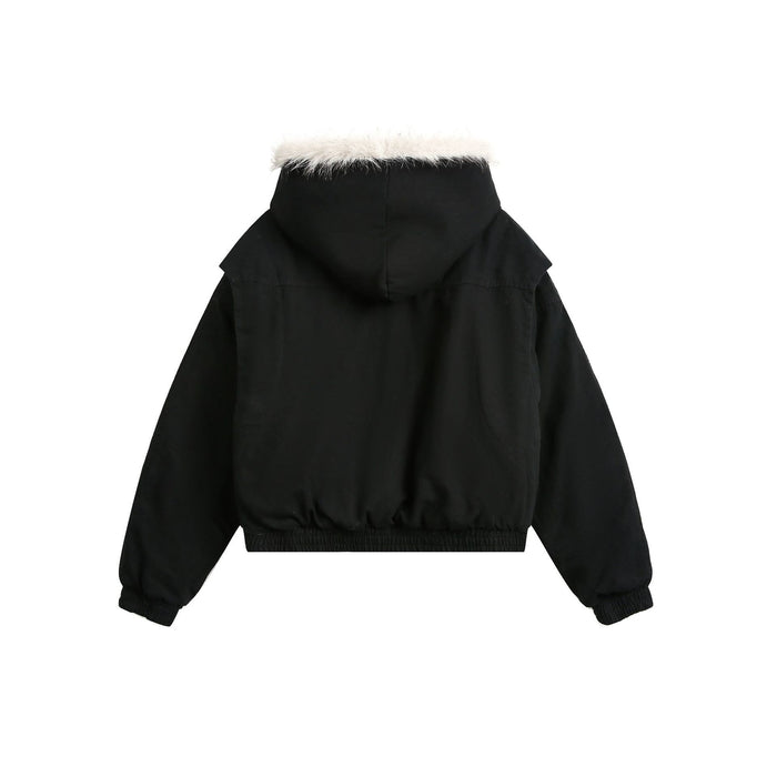 Back view of a black hooded bomber jacket with cream faux fur trim and a ribbed hem