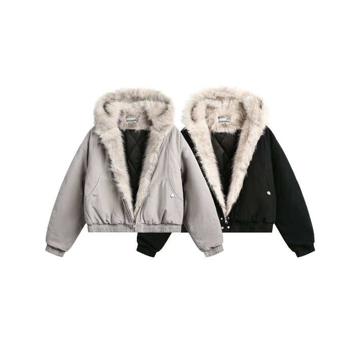 Open front view of light gray and black hooded bomber jackets with cream faux fur trim and black quilted lining