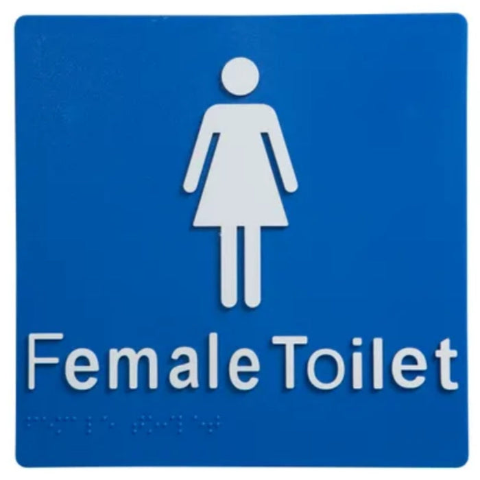Female Toilet braille sign in blue and white, wall mounted