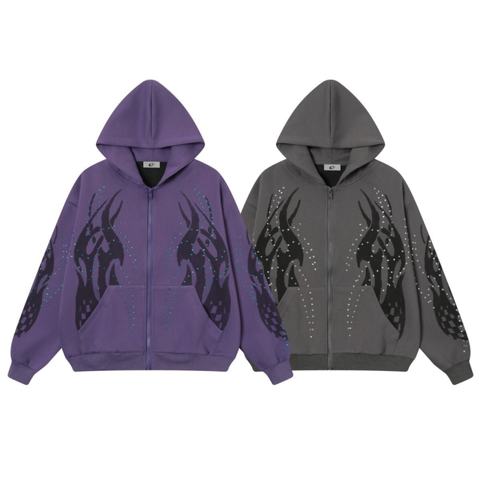 Purple and charcoal zip-up hoodie with flame graphics and rhinestone details, front view