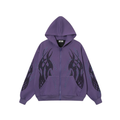 Purple zip-up hoodie with flame graphics and rhinestone accents, front view