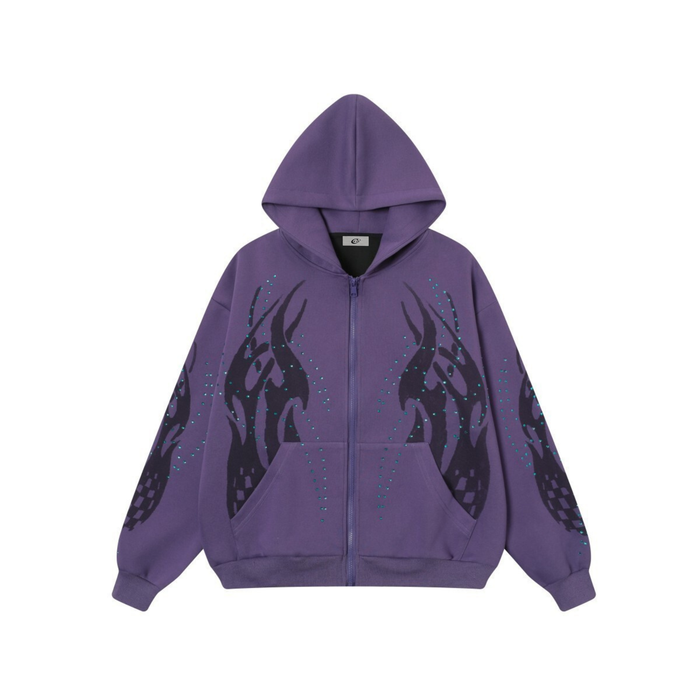 Purple zip-up hoodie with flame graphics and rhinestone accents, front view