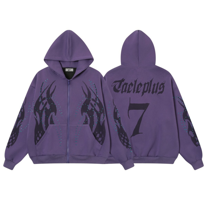 Purple and charcoal zip-up hoodie shown front and back with flame graphics and rhinestones