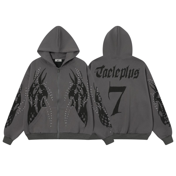 Charcoal gray zip-up hoodie shown front and back with flame graphics and rhinestones