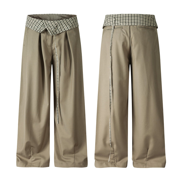 Men's wide-leg khaki trousers with black-and-white gingham fold-over waistband and drawstring front detail, front and back vi
