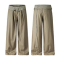 Men's wide-leg khaki trousers with black-and-white gingham fold-over waistband and drawstring front detail, front and back vi