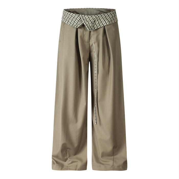 Wide-leg taupe trousers with gingham fold-over waistband, front view