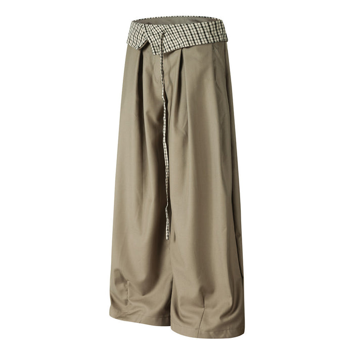 Wide-leg taupe trousers with gingham waistband and front tie, angled view