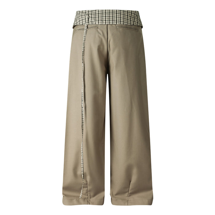 Back view of wide-leg taupe trousers with gingham fold-over waistband