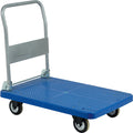 Foldable warehouse trolley in blue and silver with mesh sides