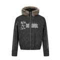 Men's black distressed PU leather hooded bomber jacket with faux fur trim and letter embroidery on chest