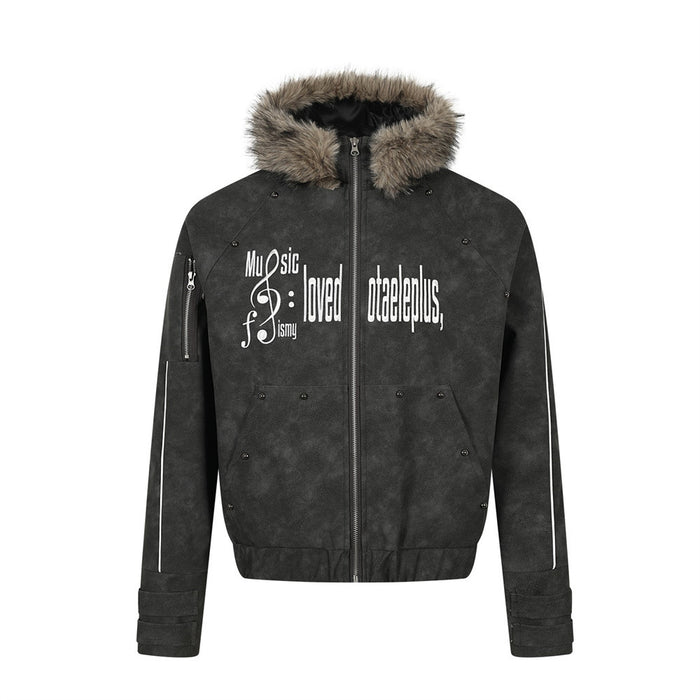 Men's black distressed PU leather hooded bomber jacket with faux fur trim and letter embroidery on chest