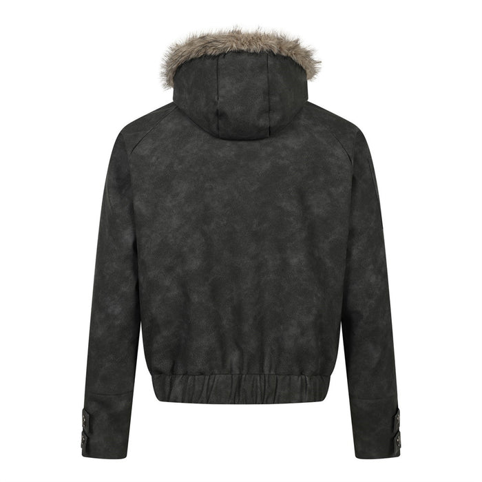 Back view of black hooded bomber jacket with fur-trimmed hood and elastic hem