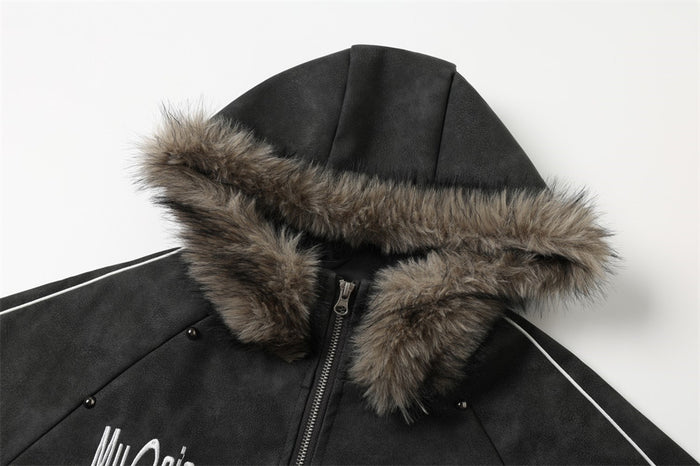 Front upper view of black bomber jacket hood with fur trim and zipper closure