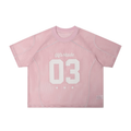 Pink mesh jersey tee with oversized 03 print and GlfsMade logo, shown flat on a white background