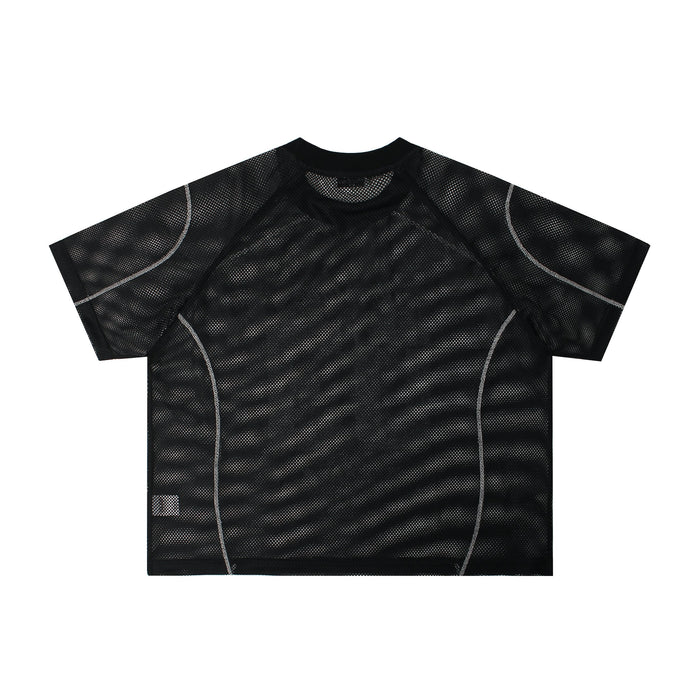 Black mesh jersey tee with short sleeves and contrast seam detailing on a white background