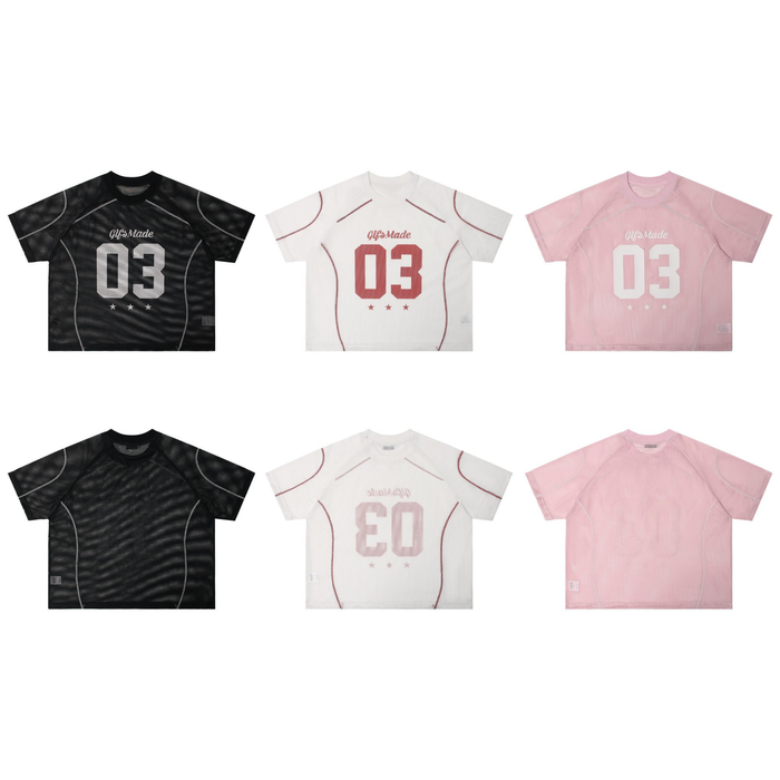 GlfsMade 03 mesh jersey tee shown in black, white, and pink with sporty number graphic and athletic seam detailing