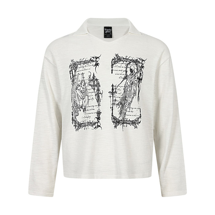 White long-sleeve polo-collar tee with gothic angel and reaper graphic on the front