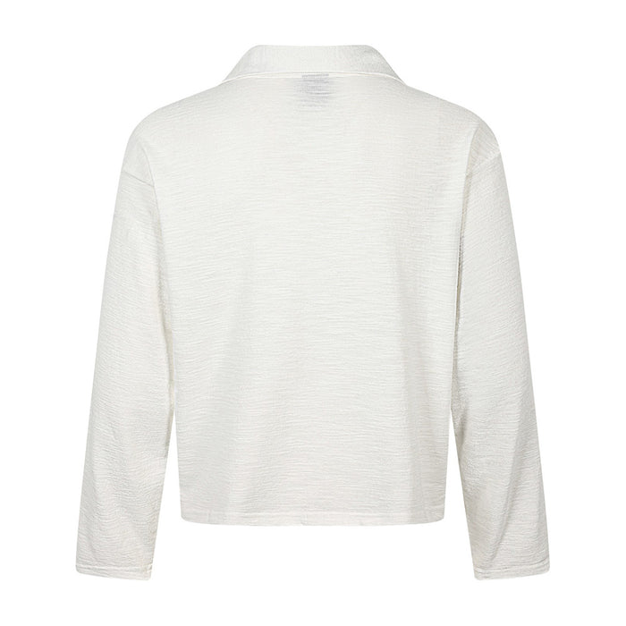 White long-sleeve polo-collar tee shown from the back with plain solid finish