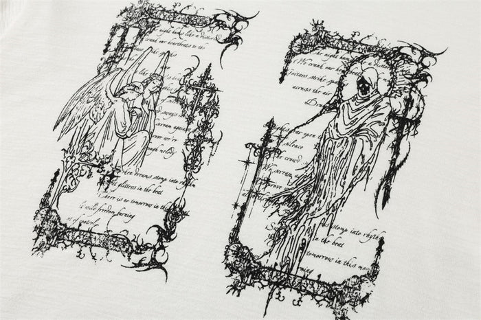 Close-up of white tee front print showing angel and reaper illustrations