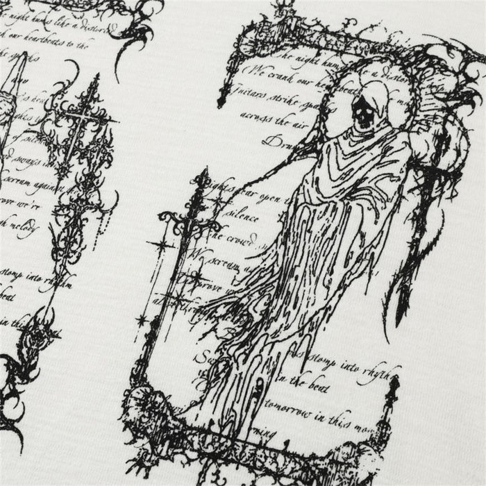 Close-up of white tee front print focusing on reaper illustration and text details