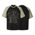 Front and back view of a dark charcoal raglan t-shirt with sage green pinstripe sleeves and a gothic cathedral graphic print