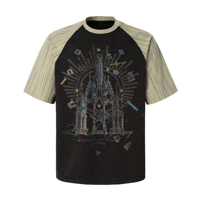 Black raglan T-shirt with beige sleeves and a Gothic cathedral graphic print on the chest