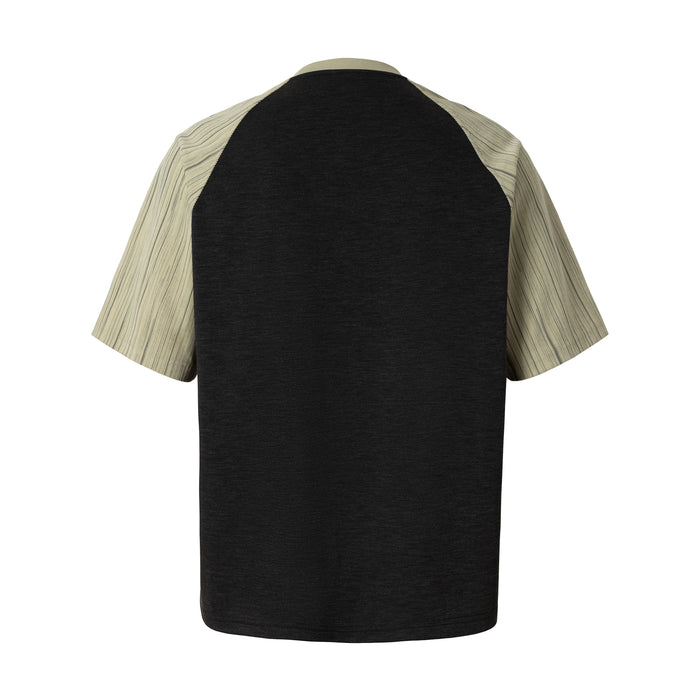 Black raglan T-shirt with beige striped sleeves, shown from the back on a white background