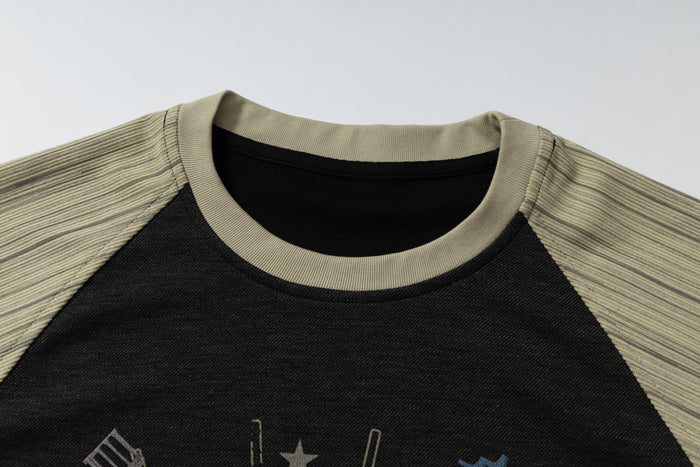 Beige and black raglan T-shirt with ribbed collar and gothic cathedral graphic print on the chest