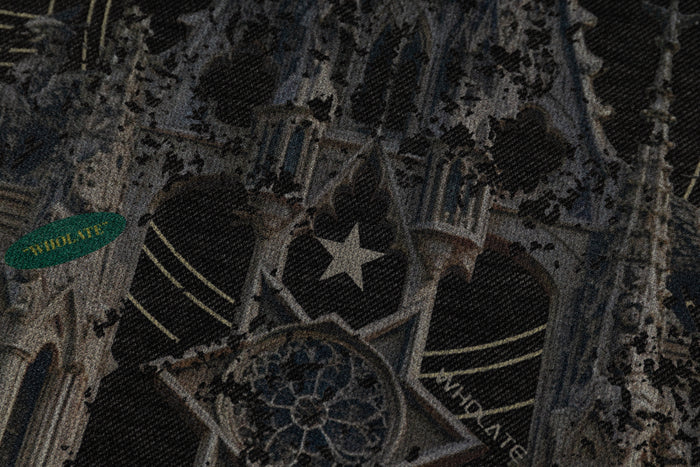 Gothic cathedral graphic on black raglan T-shirt with striped sleeves and a star, dark streetwear style