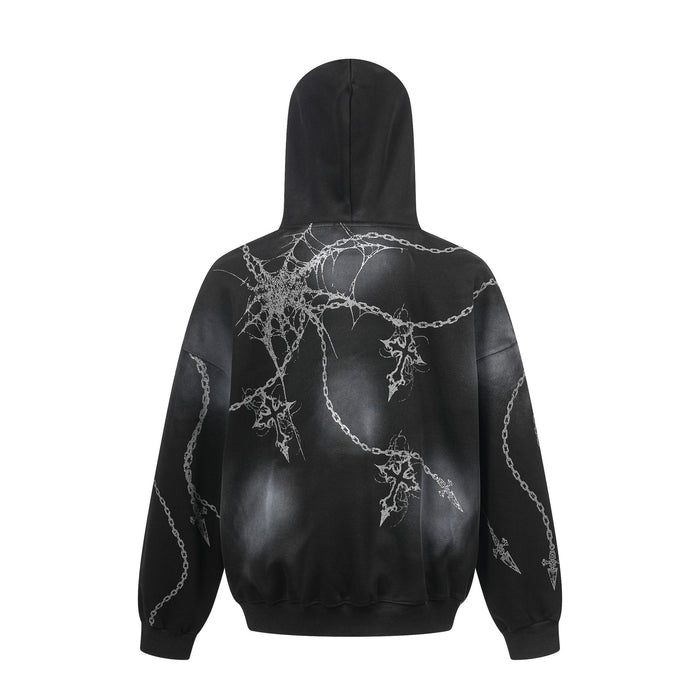 Black oversized hoodie shown from the back with white chain and thorn graphics across the hood, sleeves, and body