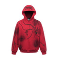 Red oversized hoodie shown from the front with black chain, thorn, and gothic cross graphics plus a kangaroo pocket