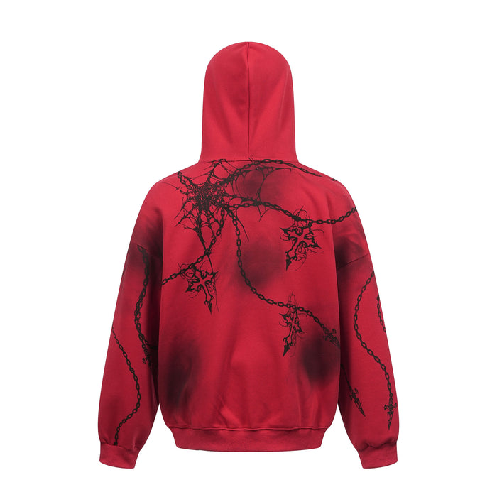 Red oversized hoodie shown from the back with black chain and thorn graphics across the hood, shoulders, and sleeves