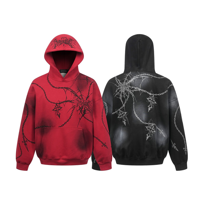 Red front-view and black back-view hoodies displayed together with contrasting chain and thorn graphic designs