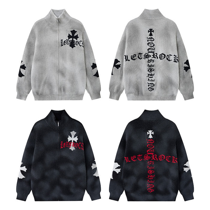 Gray and black knit zip-up sweater jackets shown from front and back with gothic cross graphics and sleeve motifs